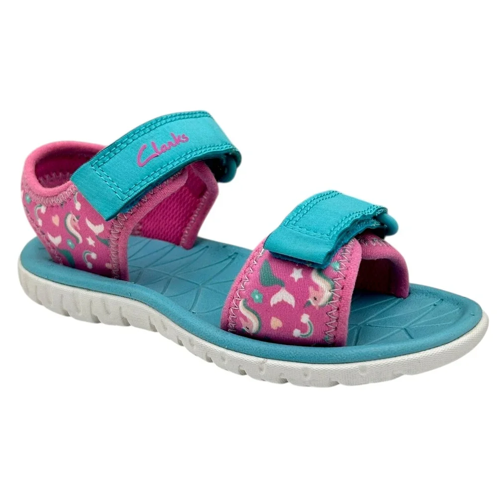 Clarks‎ Toddler Girls Open Toe Adjustable Sandals Sz 10 Wide Pink-Aqua Unicorn